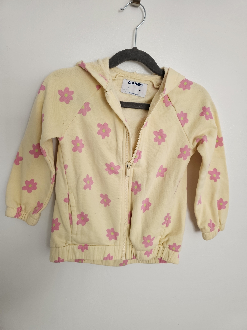 🧸2/20$ Old Navy 4T Girl Yellow Zip-Up Hoodie Pink Flower